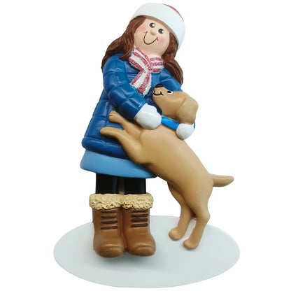 Girl with dog personalized Christmas ornament shown blank, a girl in winter clothes with her dog jumping up, ready to add two names and a year