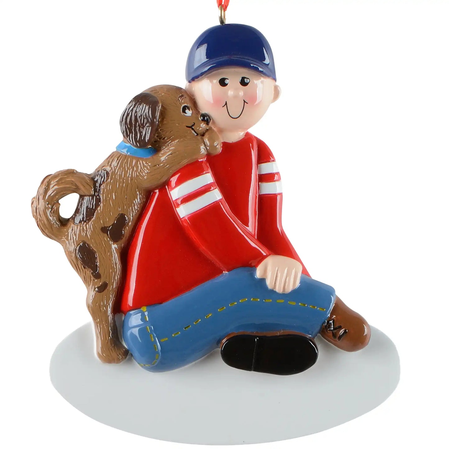 Custom boy with dog ornament with laser engraved name and year, perfect keepsake for a child's first Christmas with a new puppy

