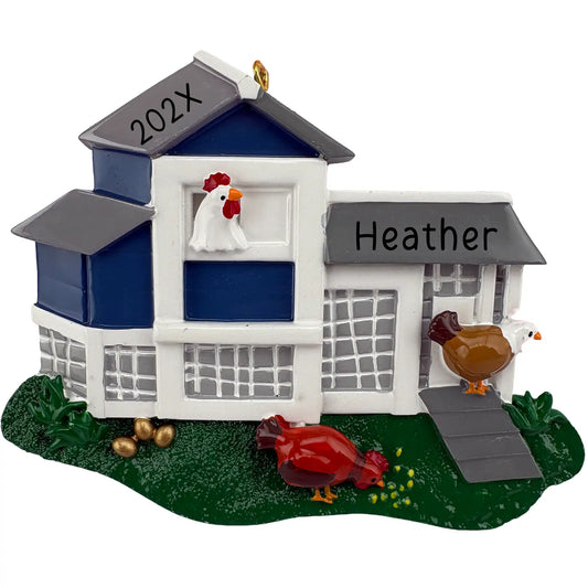 Personalized chicken coop Christmas ornament with blue and white barn coop, chickens, eggs and grassy base, customizable with name and year