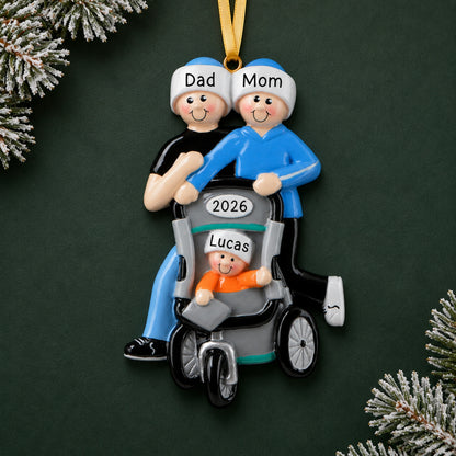 Personalized jogging couple baby stroller Christmas ornament, mom dad and baby with names and 2026 on green