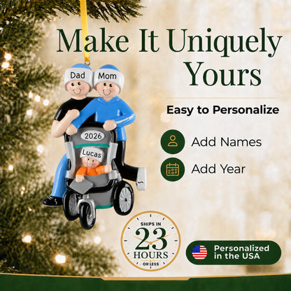 Make it yours: add names and year to the personalized jogging couple baby stroller Christmas ornament, ships in 23 hours
