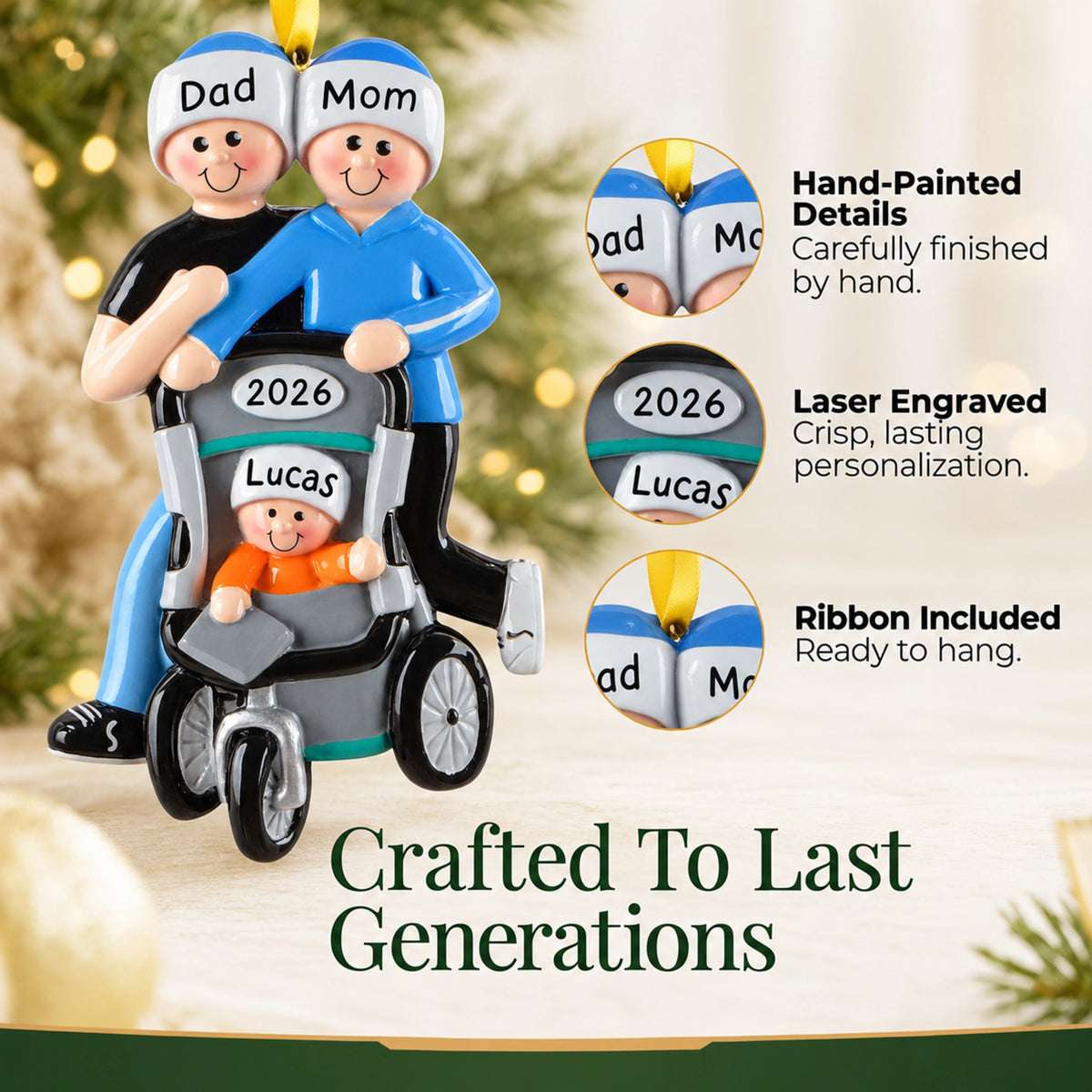 Hand-painted, laser-engraved personalized jogging couple baby stroller Christmas ornament with ribbon ready to hang