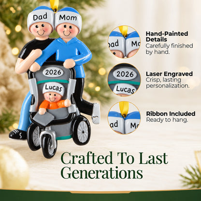 Hand-painted, laser-engraved personalized jogging couple baby stroller Christmas ornament with ribbon ready to hang