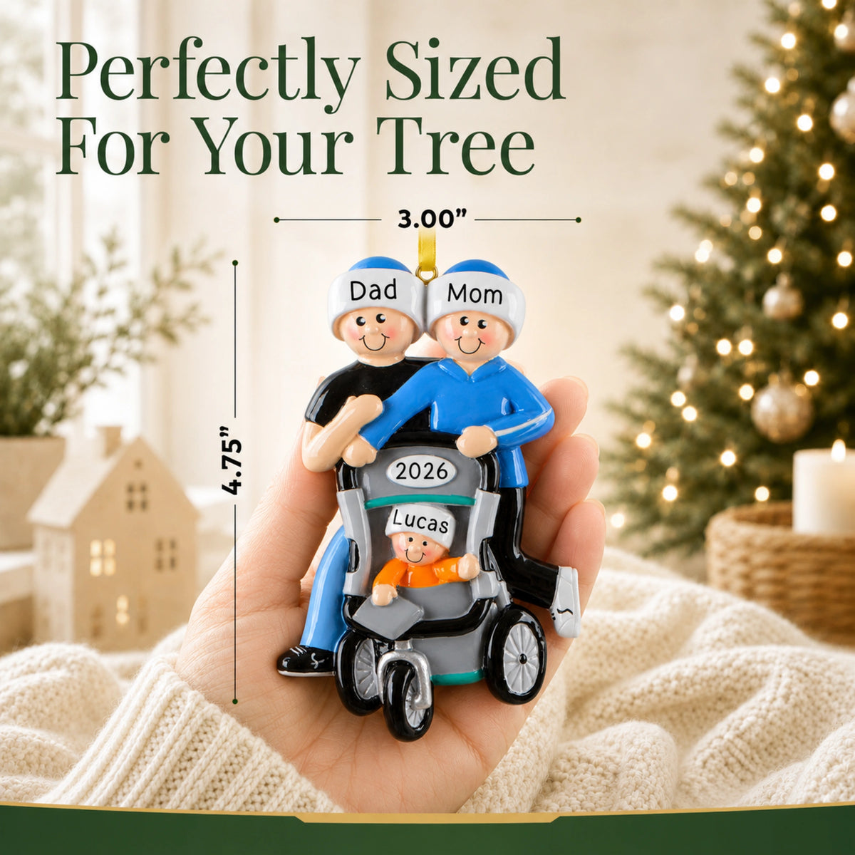 Personalized jogging couple baby stroller Christmas ornament held in hand, about 3 inches wide for your tree