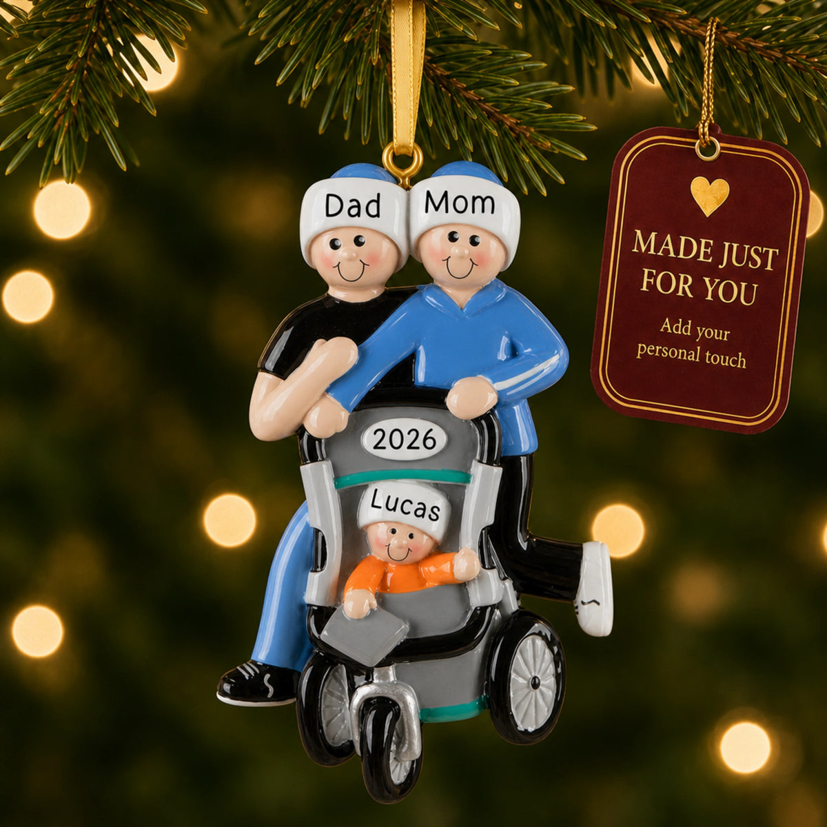 Personalized jogging couple baby stroller Christmas ornament on tree with a Made Just For You gift tag