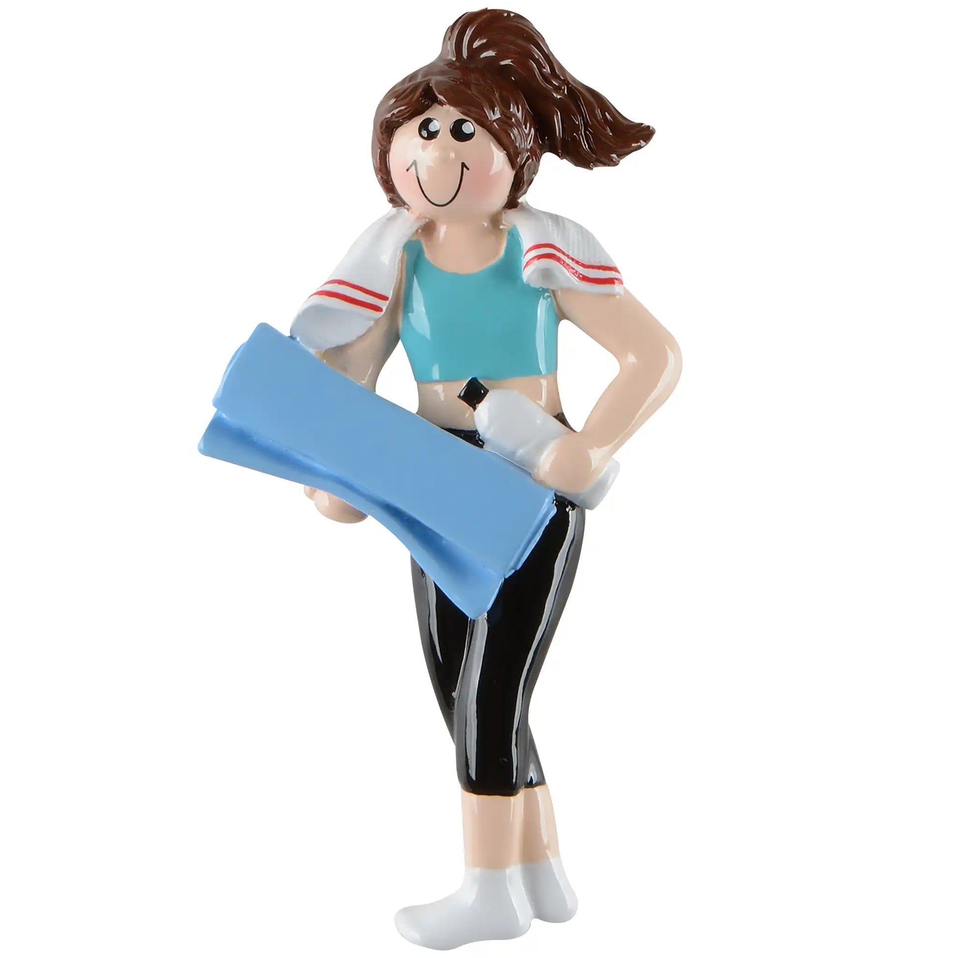 Personalized yoga girl Christmas ornament featuring a smiling woman holding a yoga mat, wearing workout clothes, customized with name and year