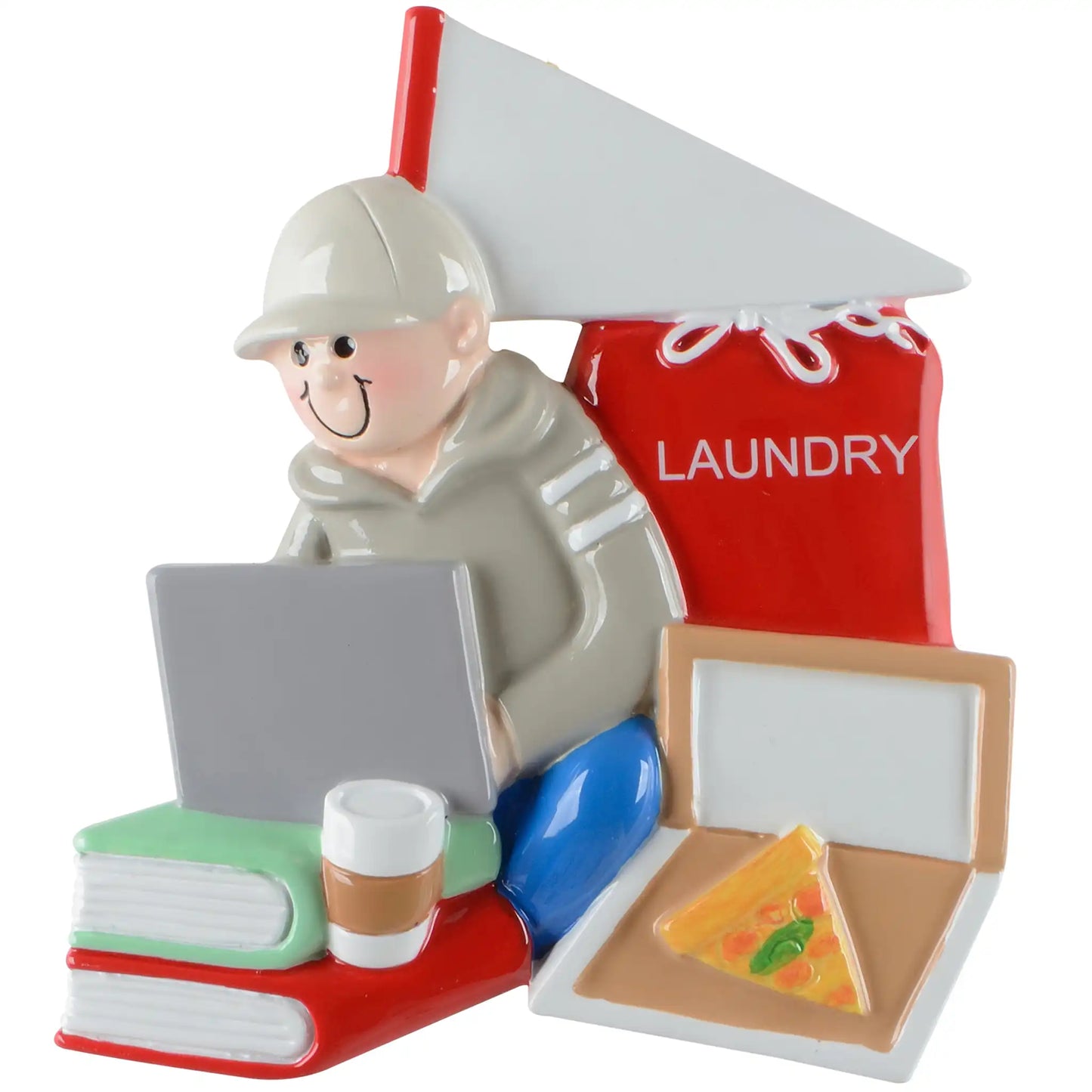 A personalized Christmas ornament of a college guy with a laptop, laundry bag, and pizza, featuring a white flag and pizza box lid for custom engraving.