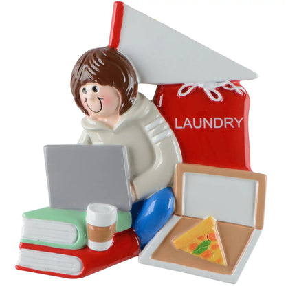 Personalized college dorm girl Christmas ornament with student, laptop, books, pizza slice, and laundry bag, customizable with name and year