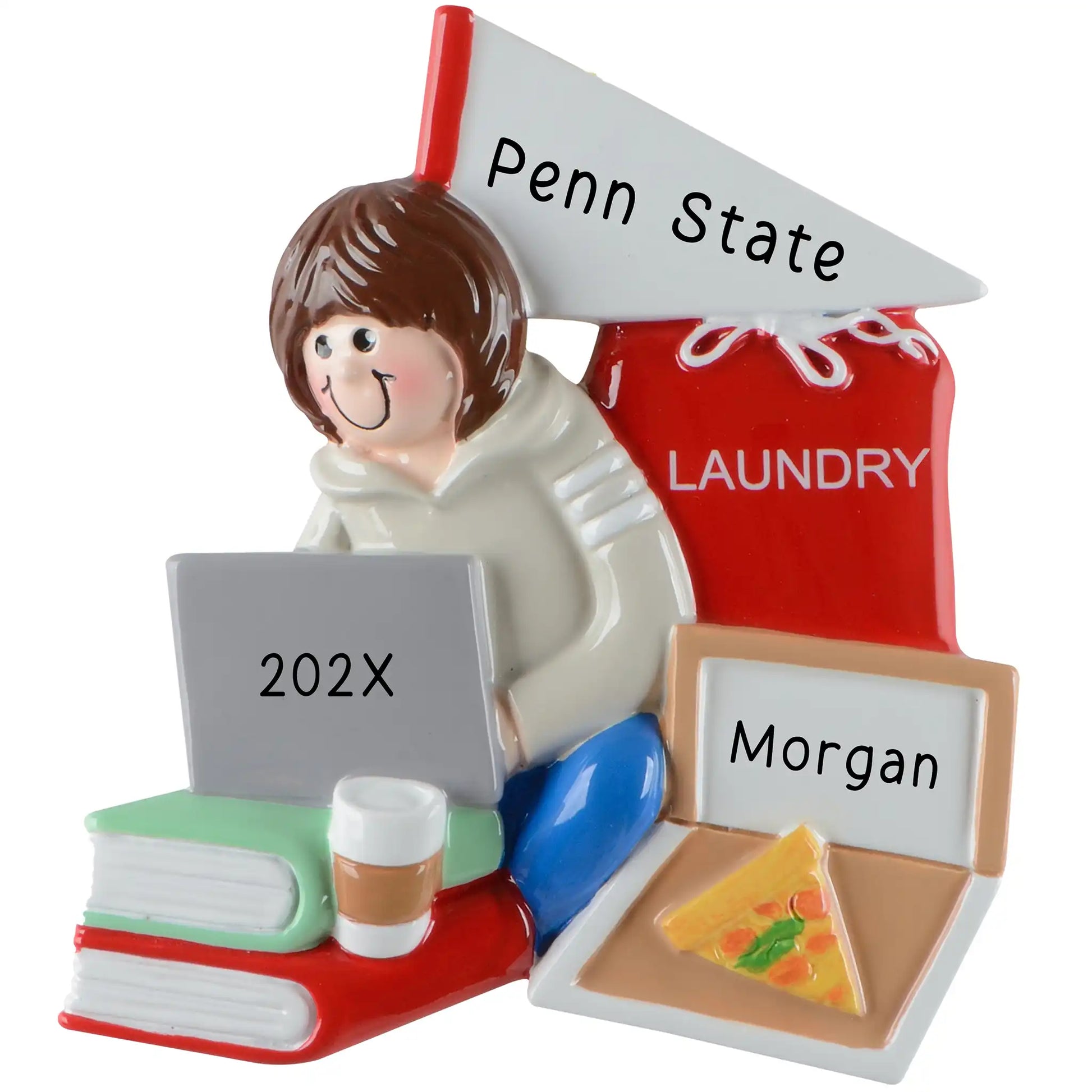 Decorative ornament of a person with a laptop, books, and a laundry bag with 'Penn State' text.