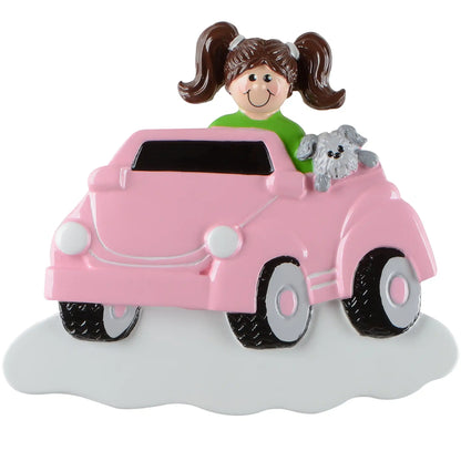Personalized ride on car girl Christmas ornament with pink toy car and puppy, customizable with name and year