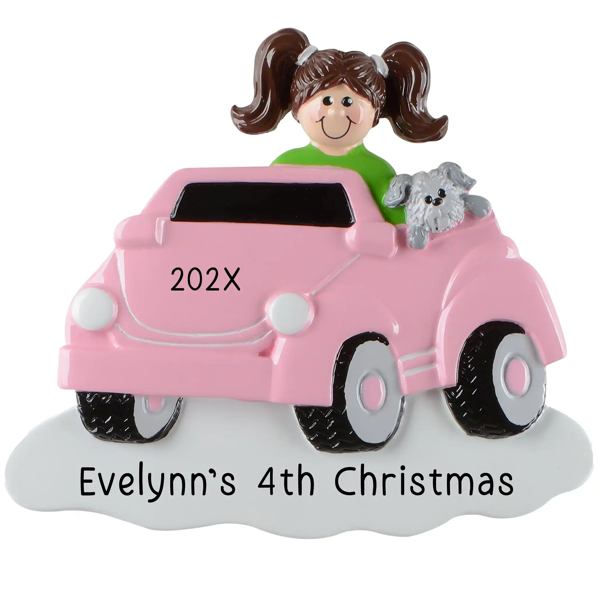 Christmas ornament with a girl in a pink car and dog, personalized for 'Evelynn's 4th Christmas'.