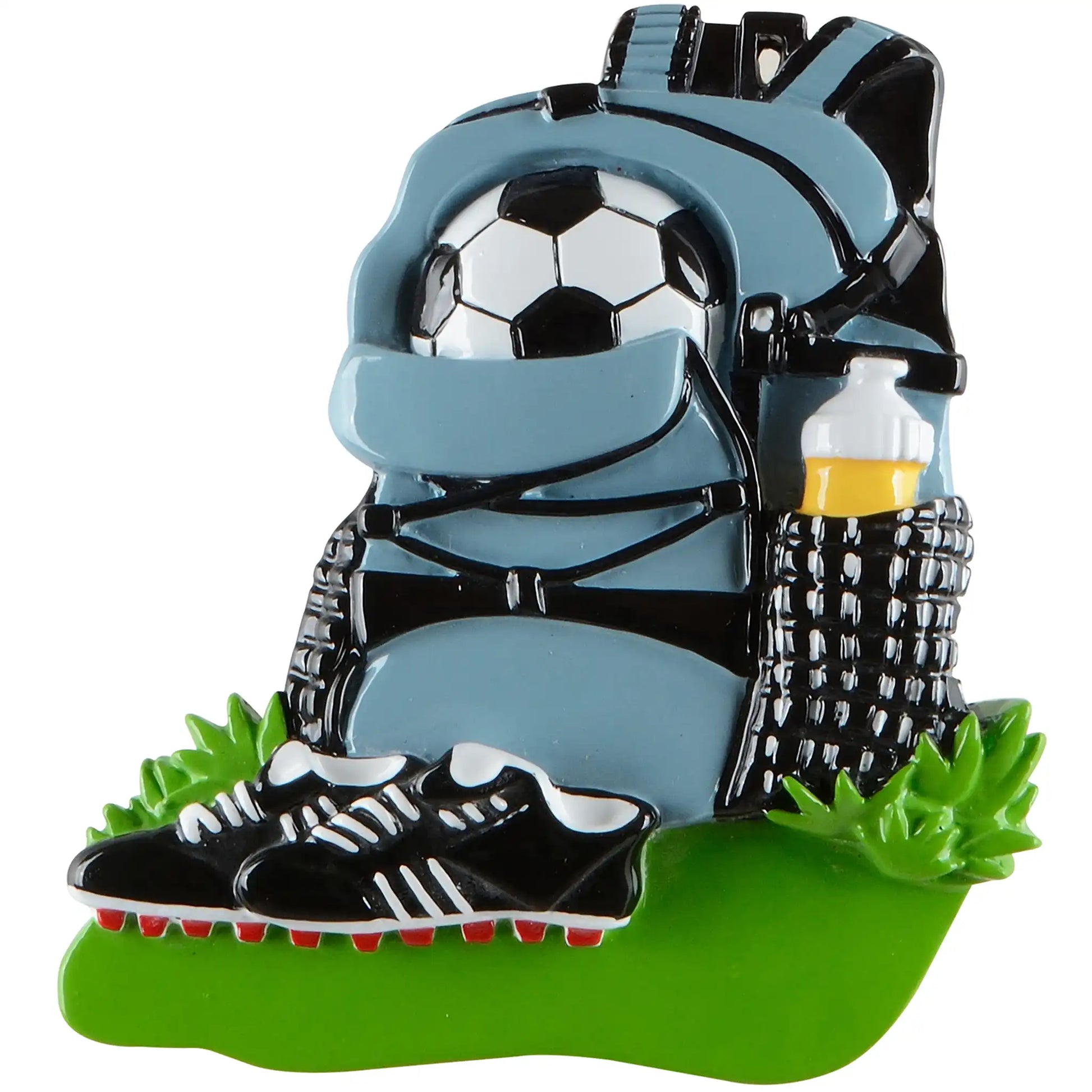 A personalized Christmas ornament of a blue soccer equipment bag with a ball and water bottle next to black cleats, with space for custom engraving.