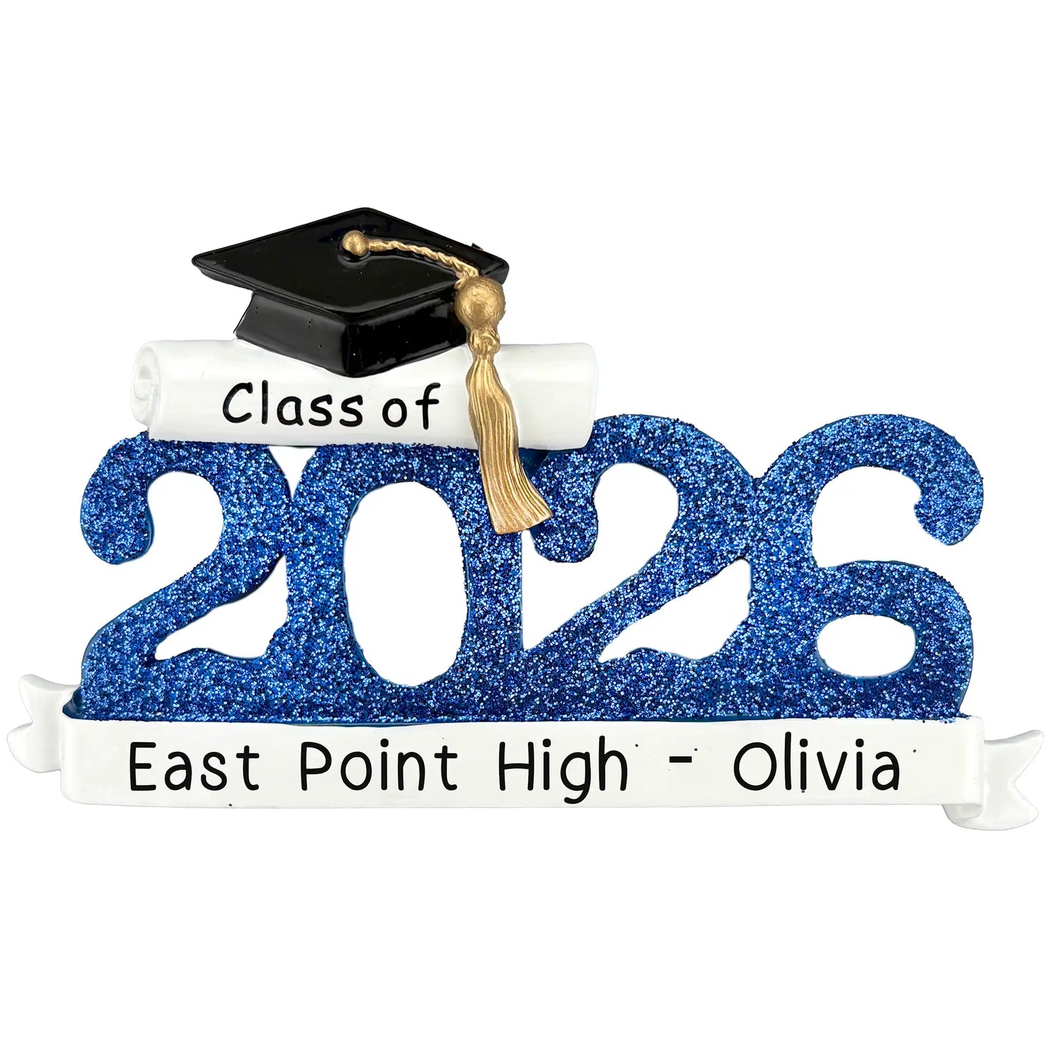 Class of 2026 personalized graduation ornament, blue glitter cap and diploma laser engraved with a graduate's name and school