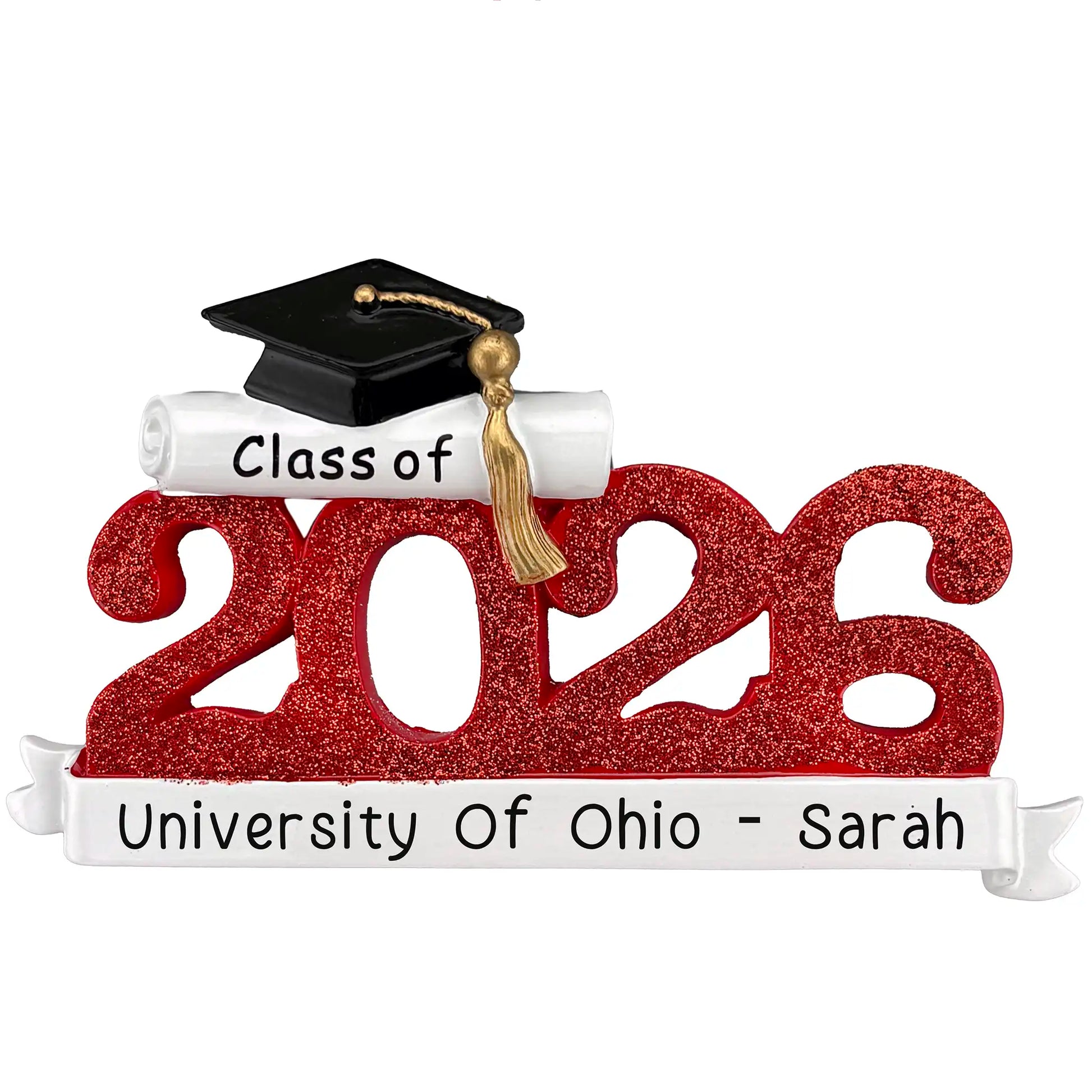 A red glitter Class of 2026 graduation ornament featuring a black cap, gold tassel, and white diploma.