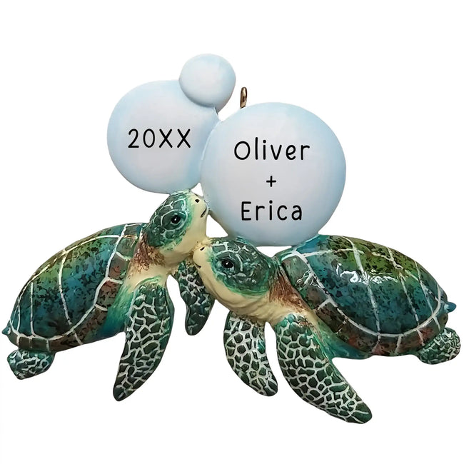 Personalized Sea Turtles Christmas Ornament Couples engraved names ocean themed couple keepsake