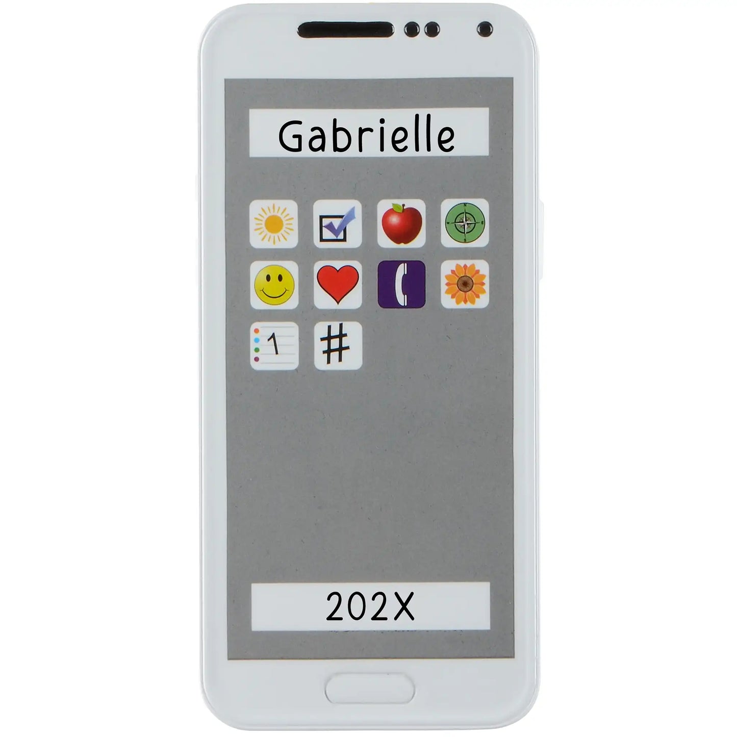 A white smartphone Christmas ornament with colorful app icons and two white bars for a custom name and date.