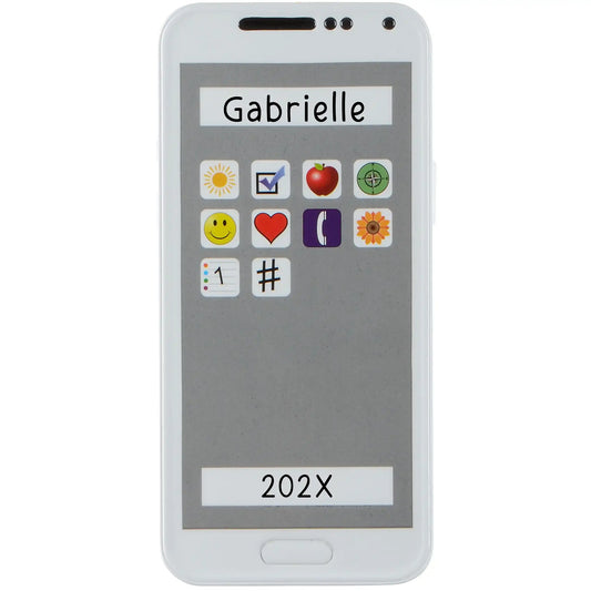 A white smartphone Christmas ornament with colorful app icons and two white bars for a custom name and date.