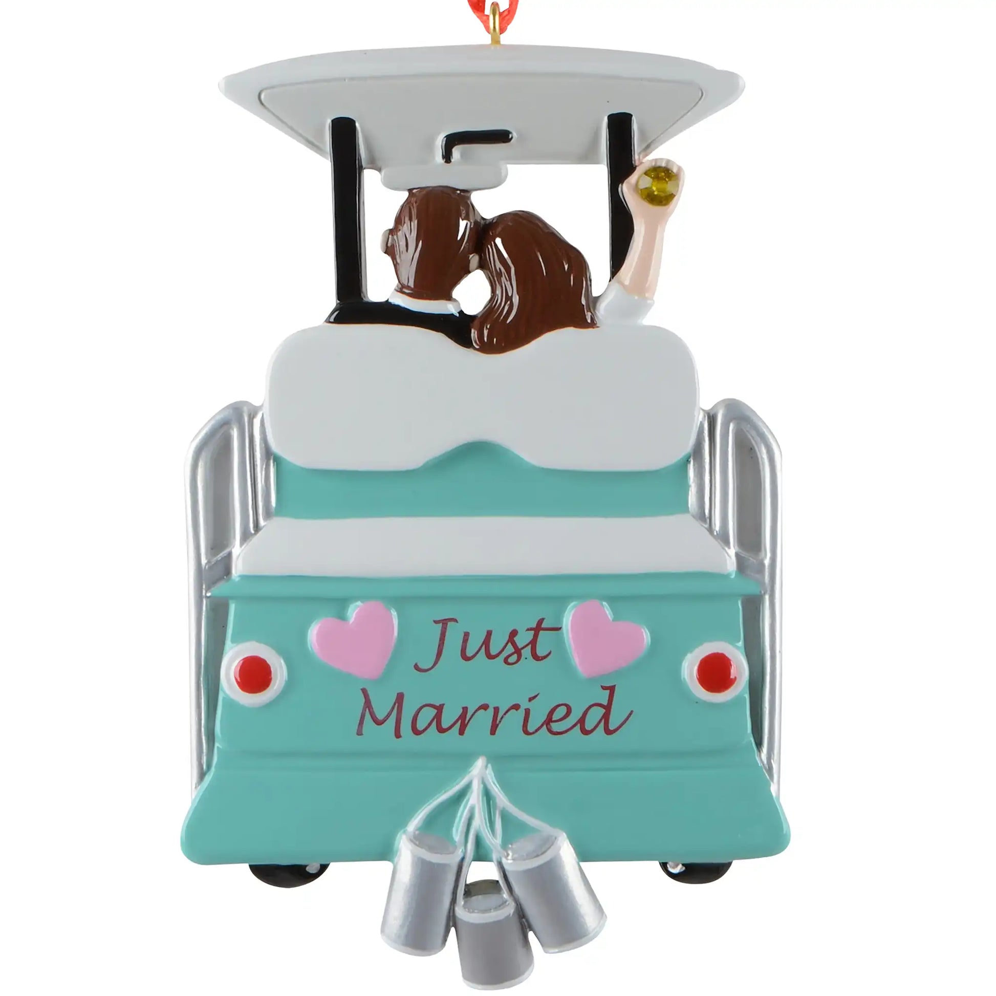 Just married wedding personalized Christmas ornament shown blank, teal Just Married getaway cart with tin cans, ready to add two names, a date, and a year