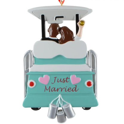 Just married wedding personalized Christmas ornament shown blank, teal Just Married getaway cart with tin cans, ready to add two names, a date, and a year