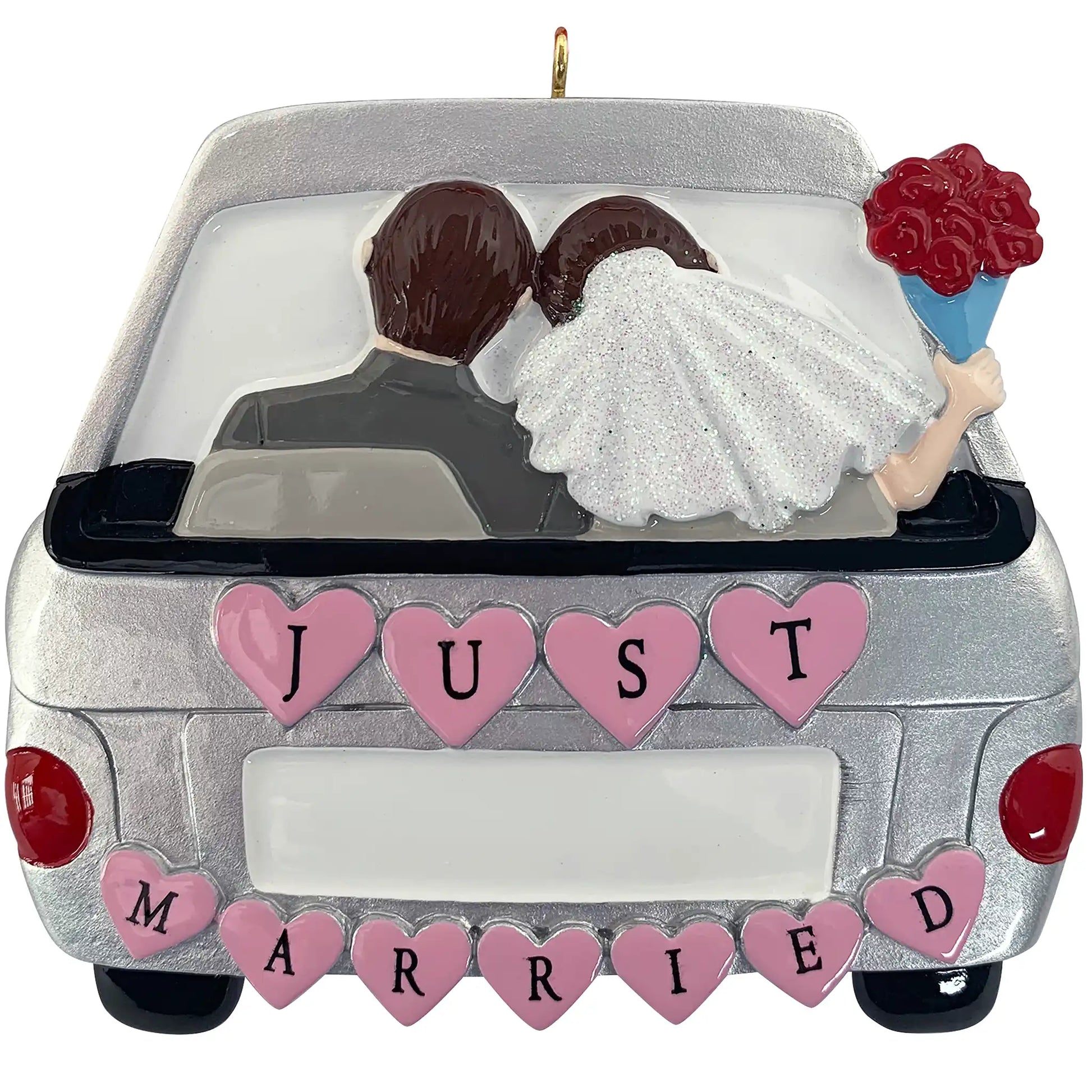 Personalized just married car Christmas ornament with bride and groom, pink heart JUST MARRIED lettering, and blank license plate for custom name and year