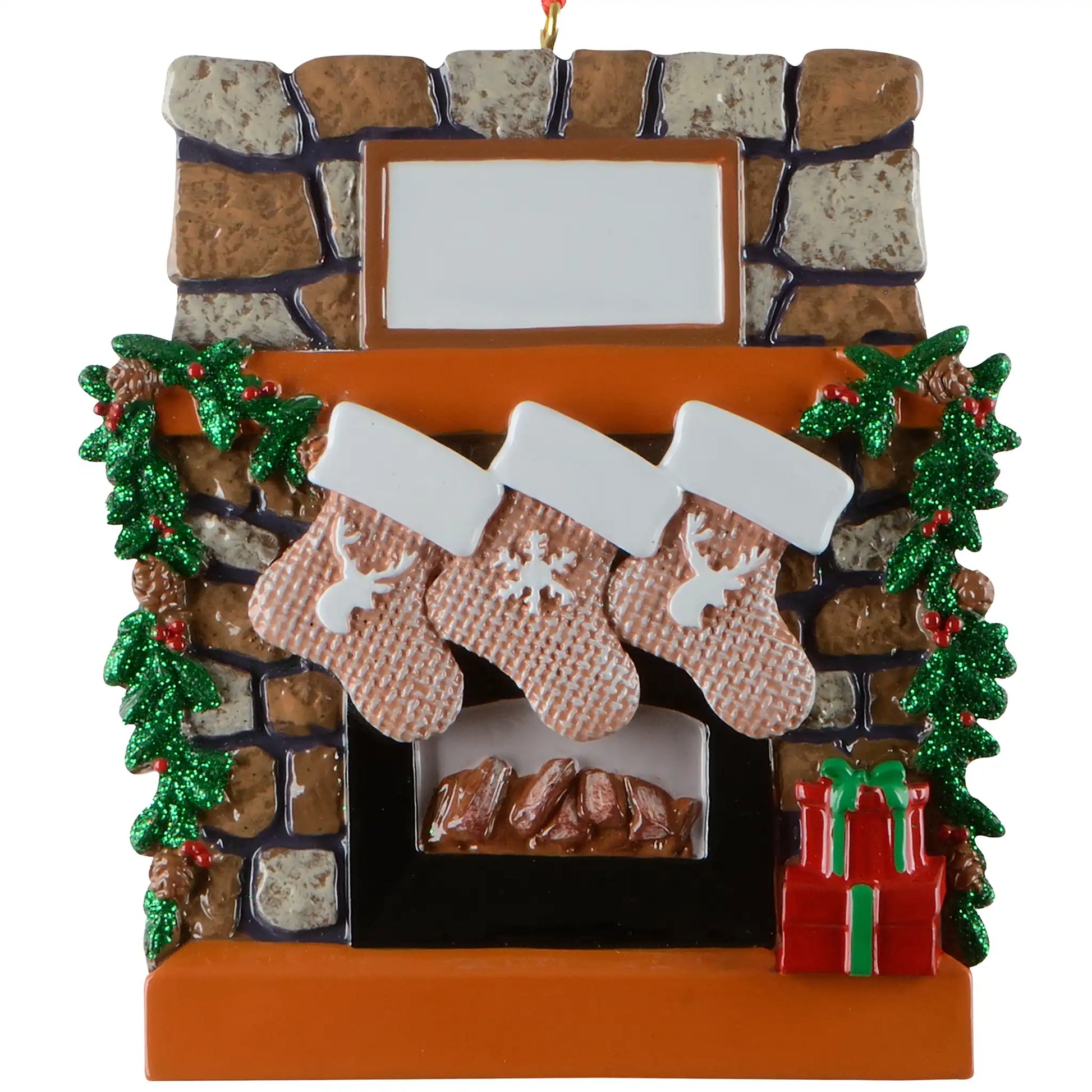 Rustic fireplace family of 3 personalized Christmas ornament shown blank, stone fireplace with three stockings and garland, ready to add three names, a family name, and a year
