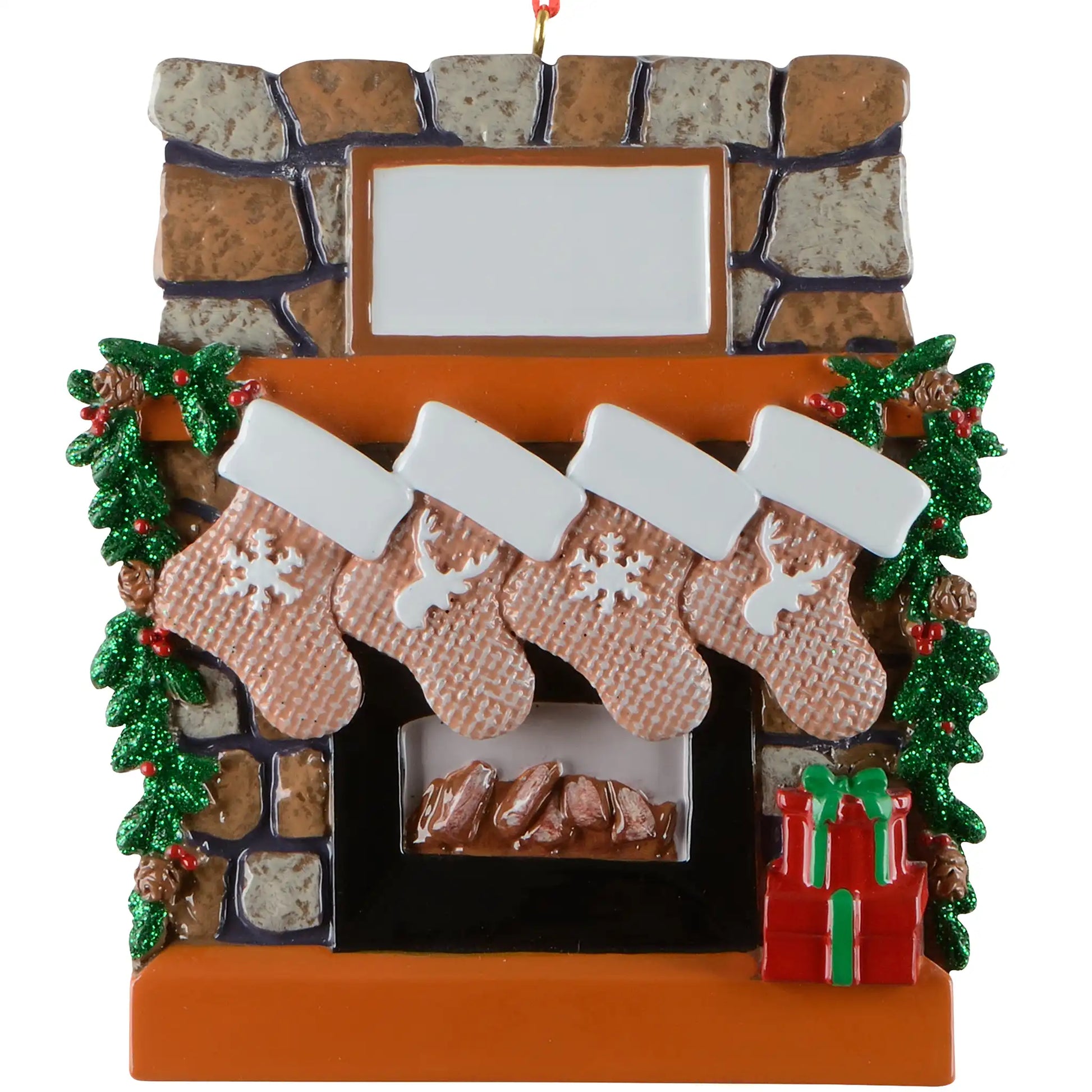 Rustic fireplace family of 4 personalized Christmas ornament shown blank, stone fireplace with four stockings and garland, ready to add four names, a family name, and a year