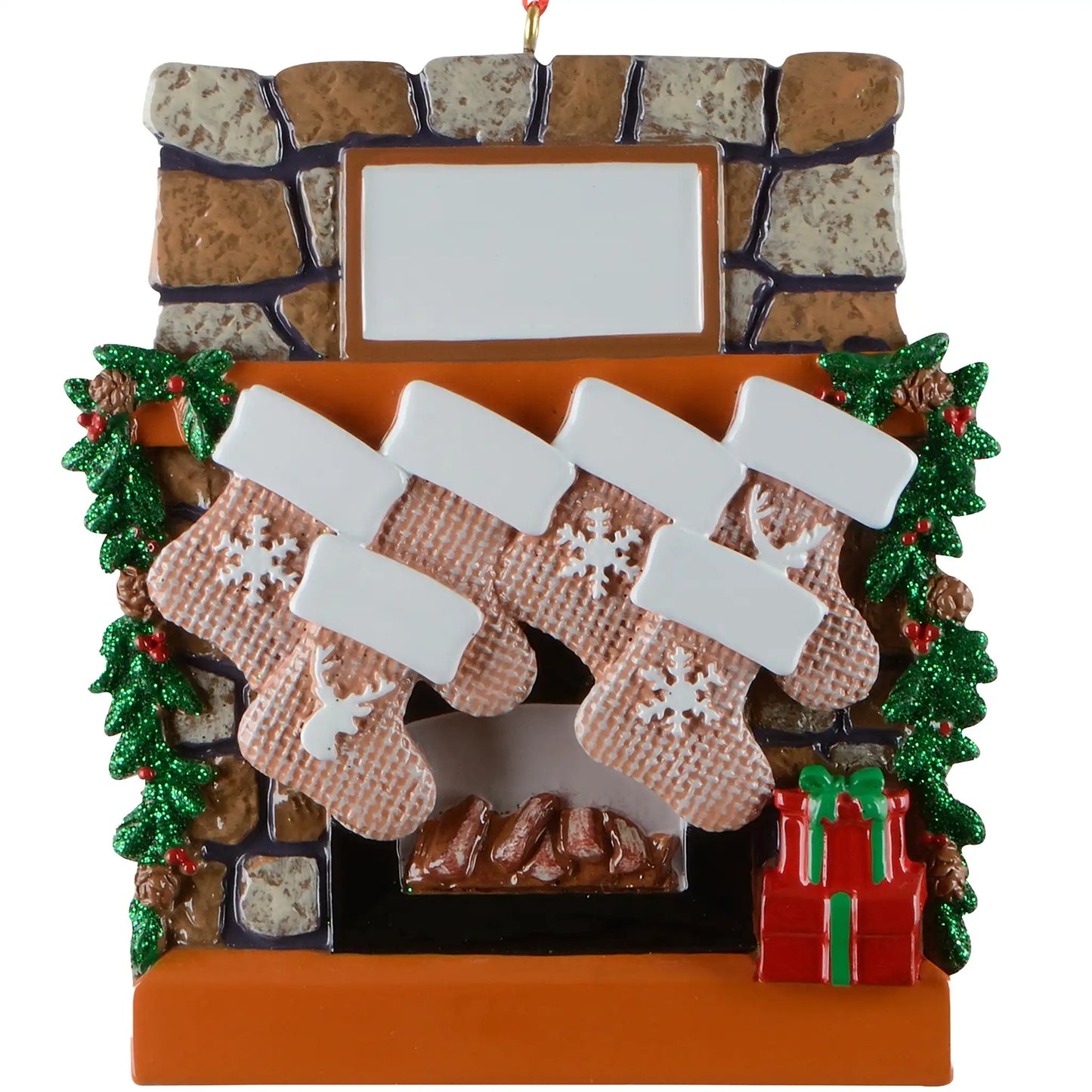Rustic fireplace family of 6 personalized Christmas ornament shown blank, stone fireplace with six stockings and garland, ready to add six names, a family name, and a year