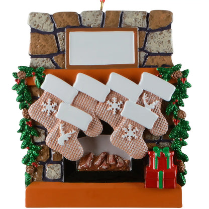 Rustic fireplace family of 6 personalized Christmas ornament shown blank, stone fireplace with six stockings and garland, ready to add six names, a family name, and a year