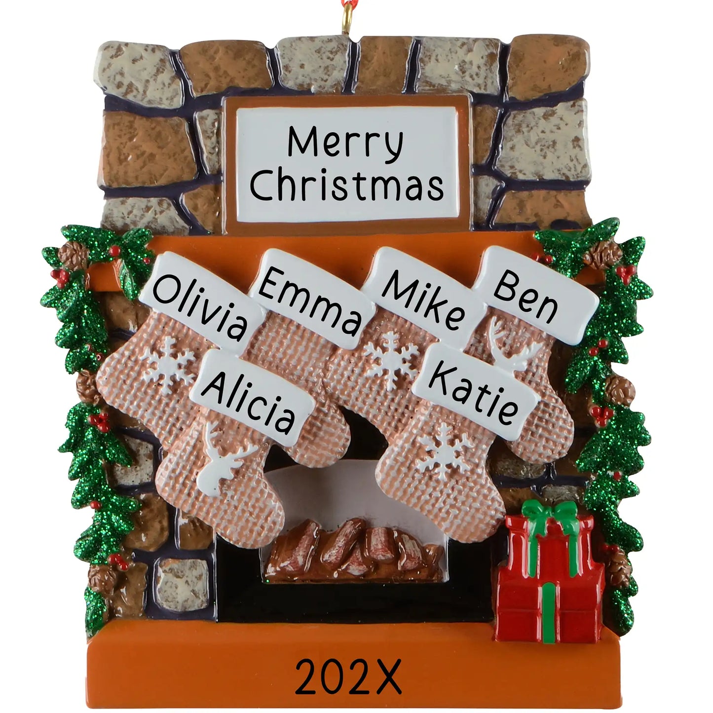 Personalized family of 6 Christmas ornament, a rustic stone fireplace with six named stockings, garland, and a lit hearth, engraved with the family name and year