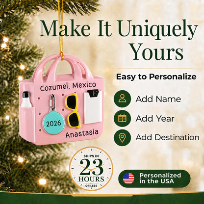 Make it yours: add name, year and destination to the personalized pink beach bag christmas ornament