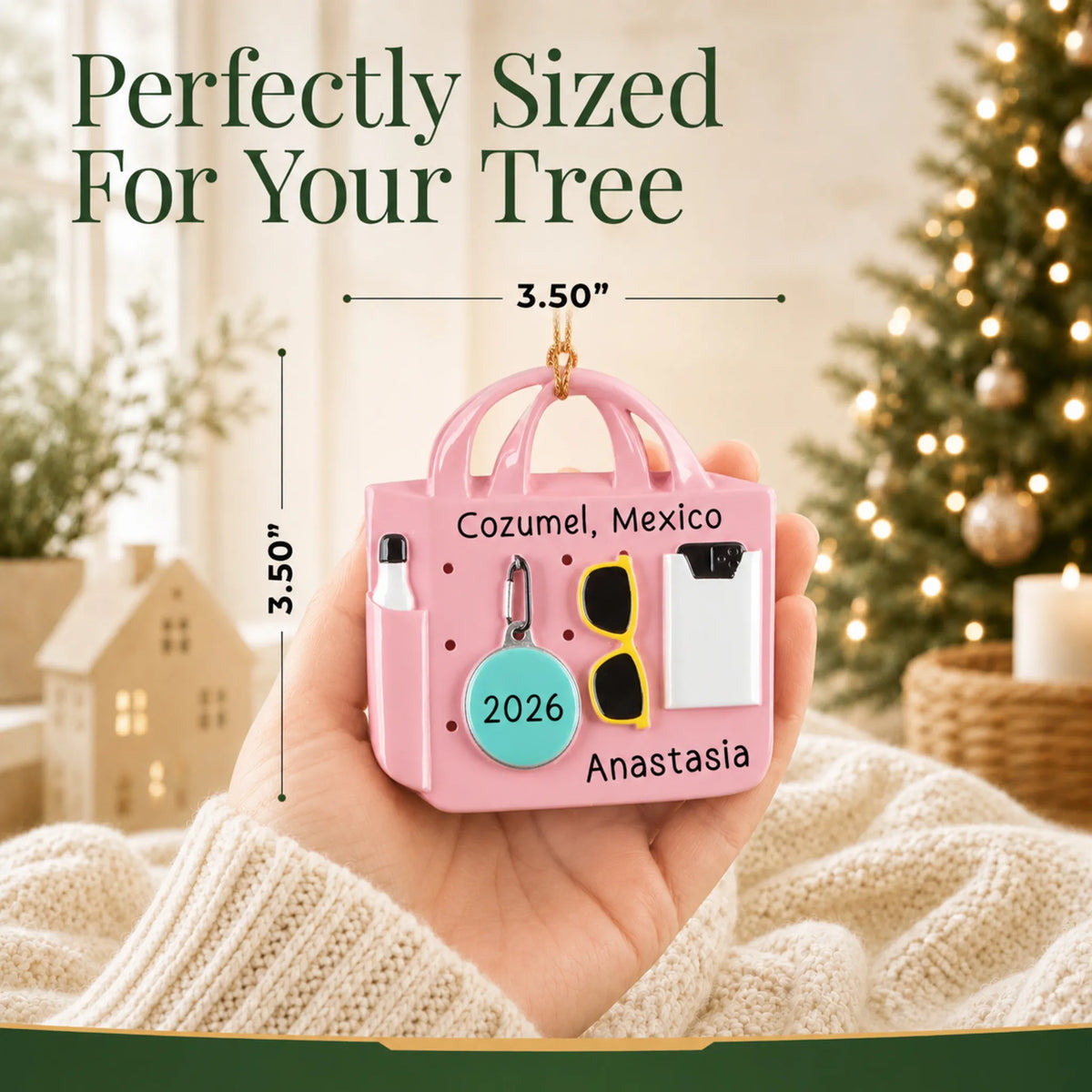 Size guide: the personalized pink beach bag christmas ornament is 3.50 in wide by 3.50 in tall, shown in hand