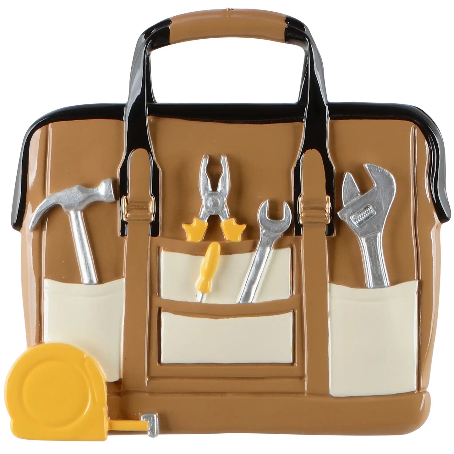 A personalized Christmas ornament of a brown tool bag filled with a hammer, pliers, and wrenches, featuring three white pockets for custom-engraved names.