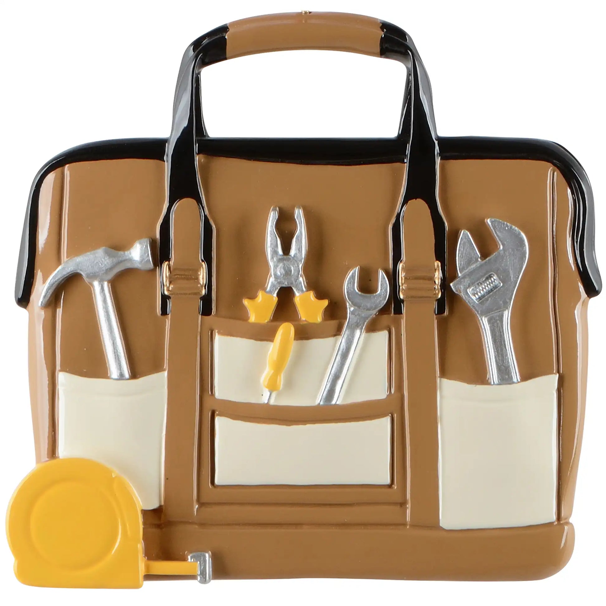 A personalized Christmas ornament of a brown tool bag filled with a hammer, pliers, and wrenches, featuring three white pockets for custom-engraved names.