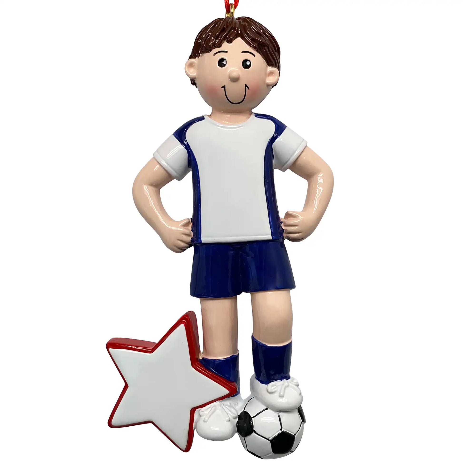 Soccer player ornament with star and soccer ball on a white background