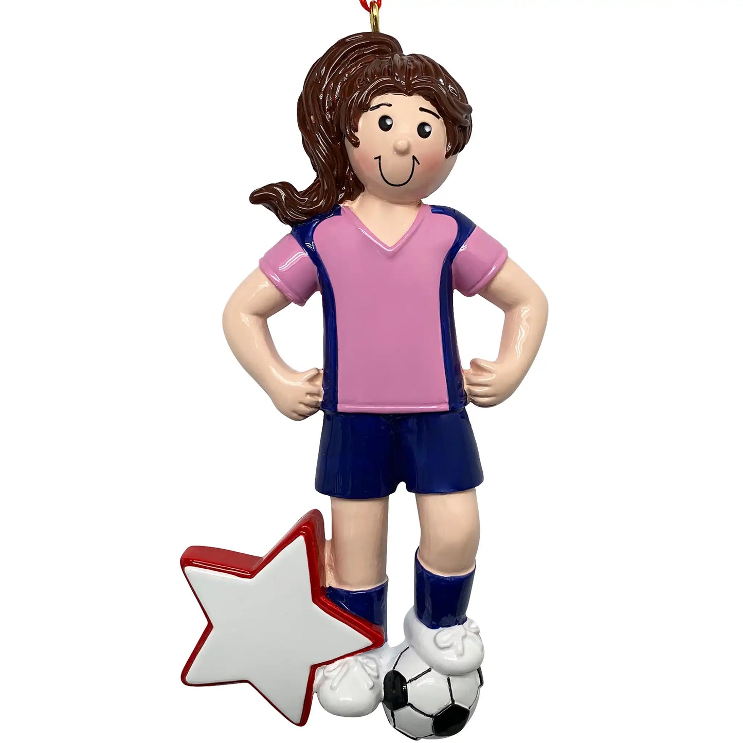 Soccer player ornament with pink and blue outfit, star, and soccer ball on a white background