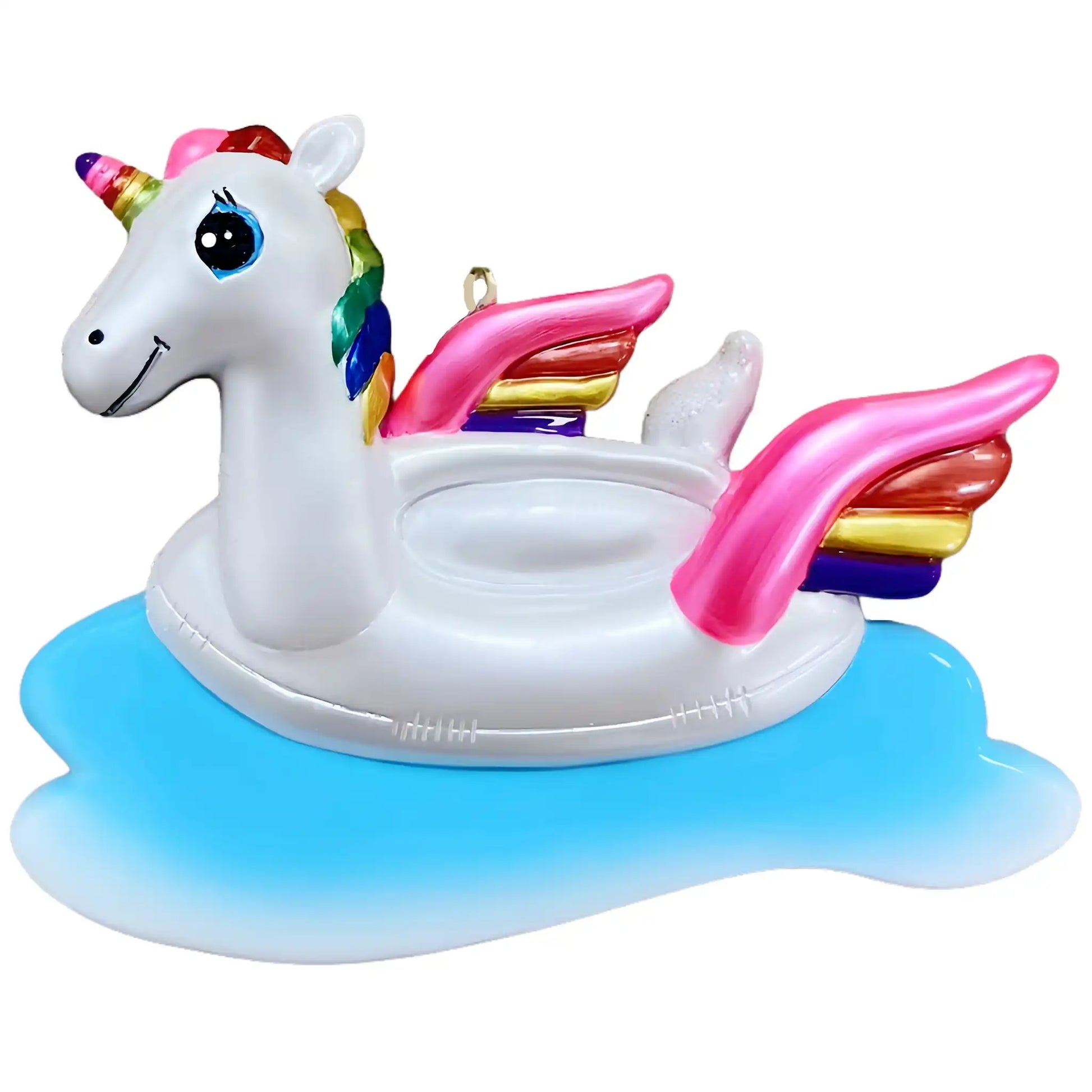 A personalized Christmas ornament of a white unicorn pool float with a rainbow mane on blue water, featuring space on the side for a custom-engraved name.