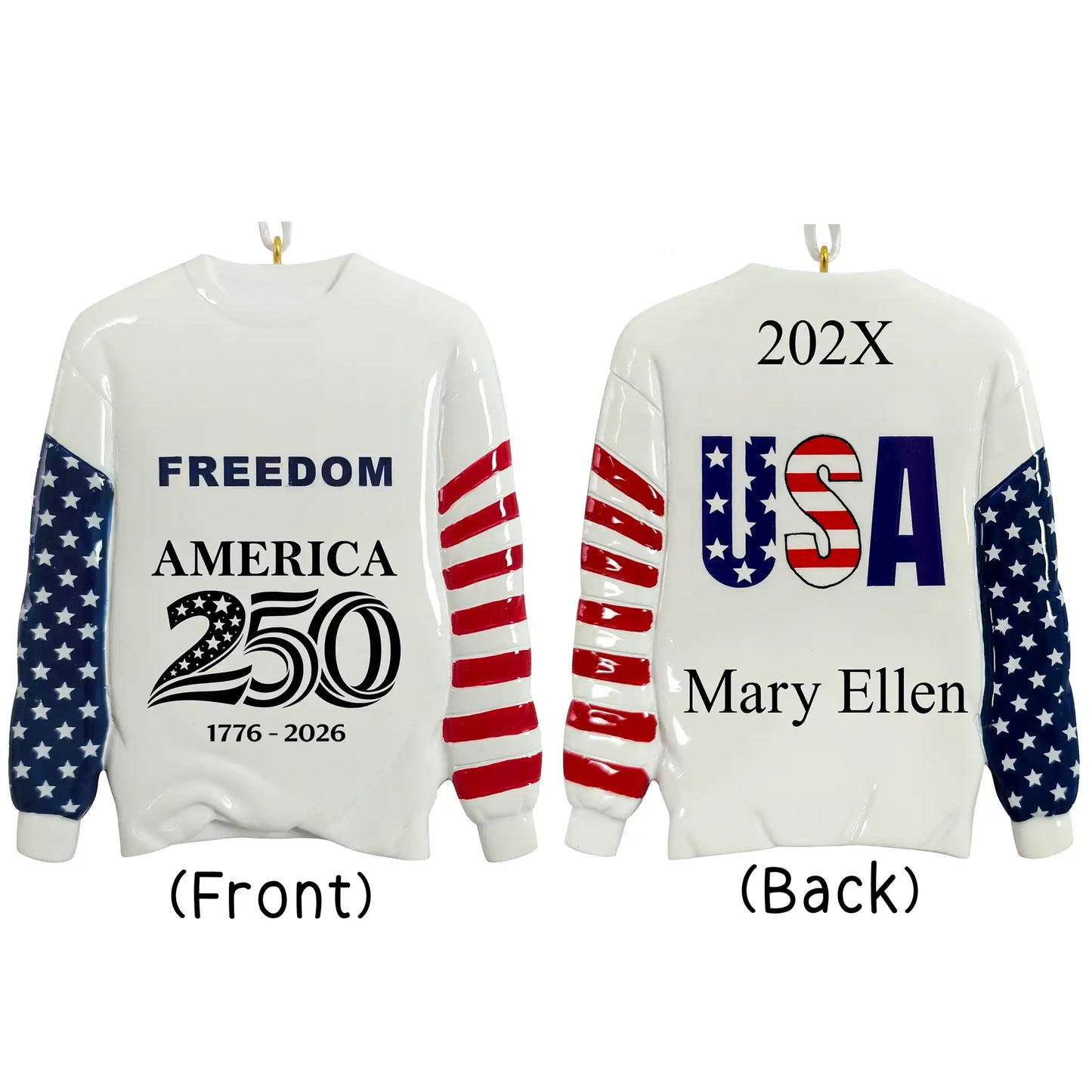 White sweatshirt with American flag design on sleeves, featuring text on front and back.
