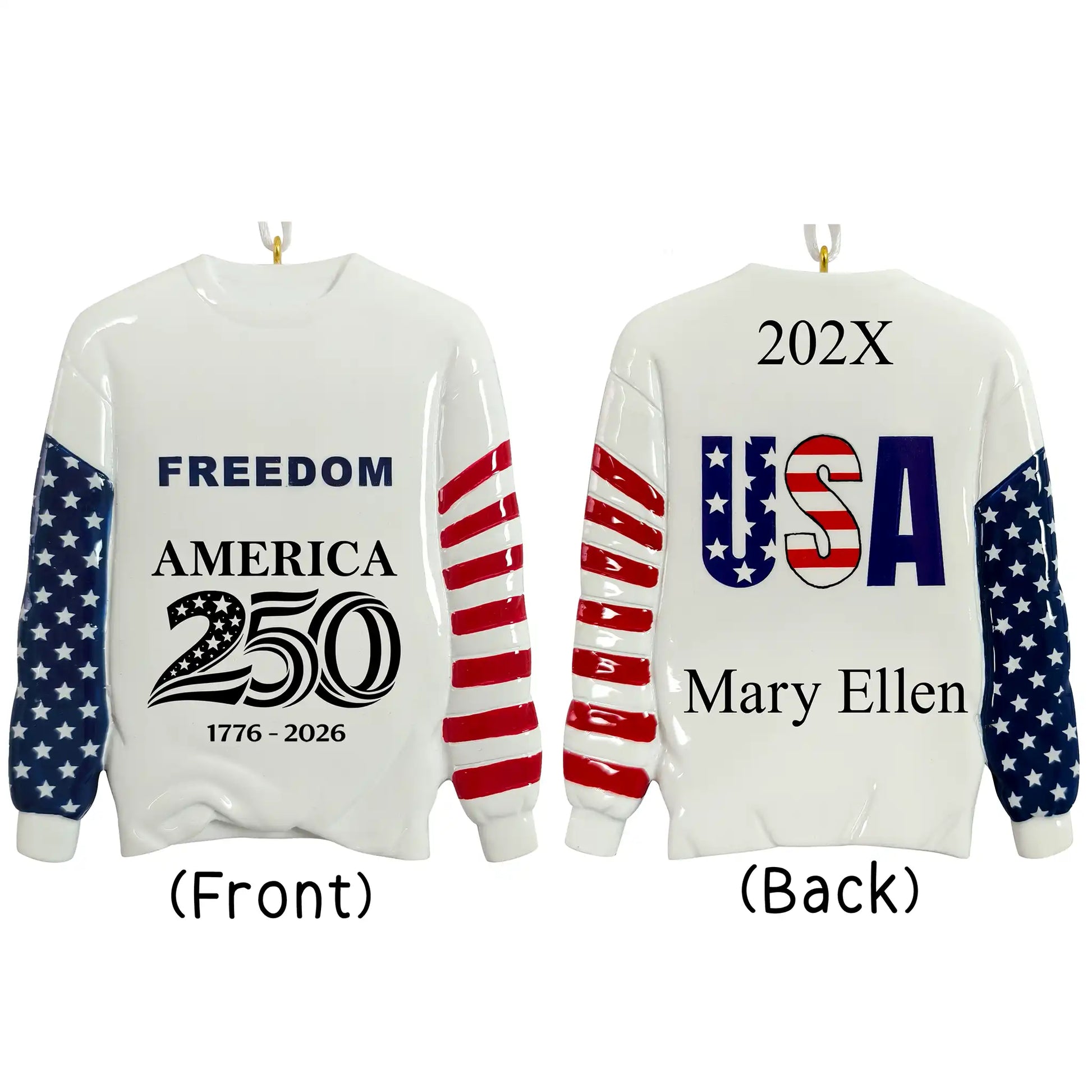 White sweatshirt with American flag design on sleeves, featuring text on front and back.