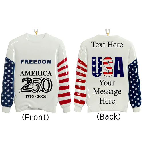 Personalized USA freedom sweatshirt Christmas ornament with stars and stripes sleeves, 1776–2026 We the People graphic on front and USA on back, custom name and year