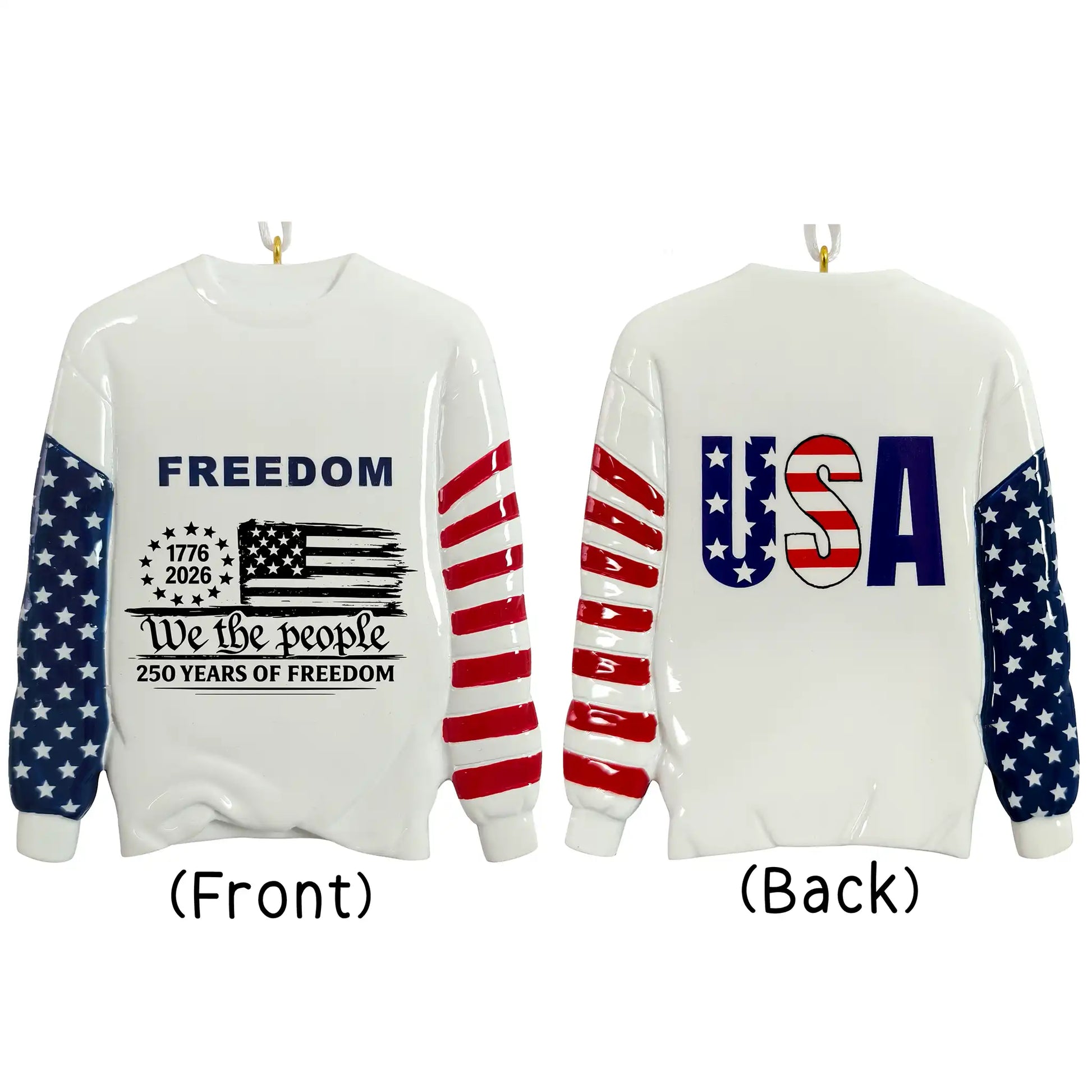 White sweatshirt with American flag design on sleeves and text on front and back.
