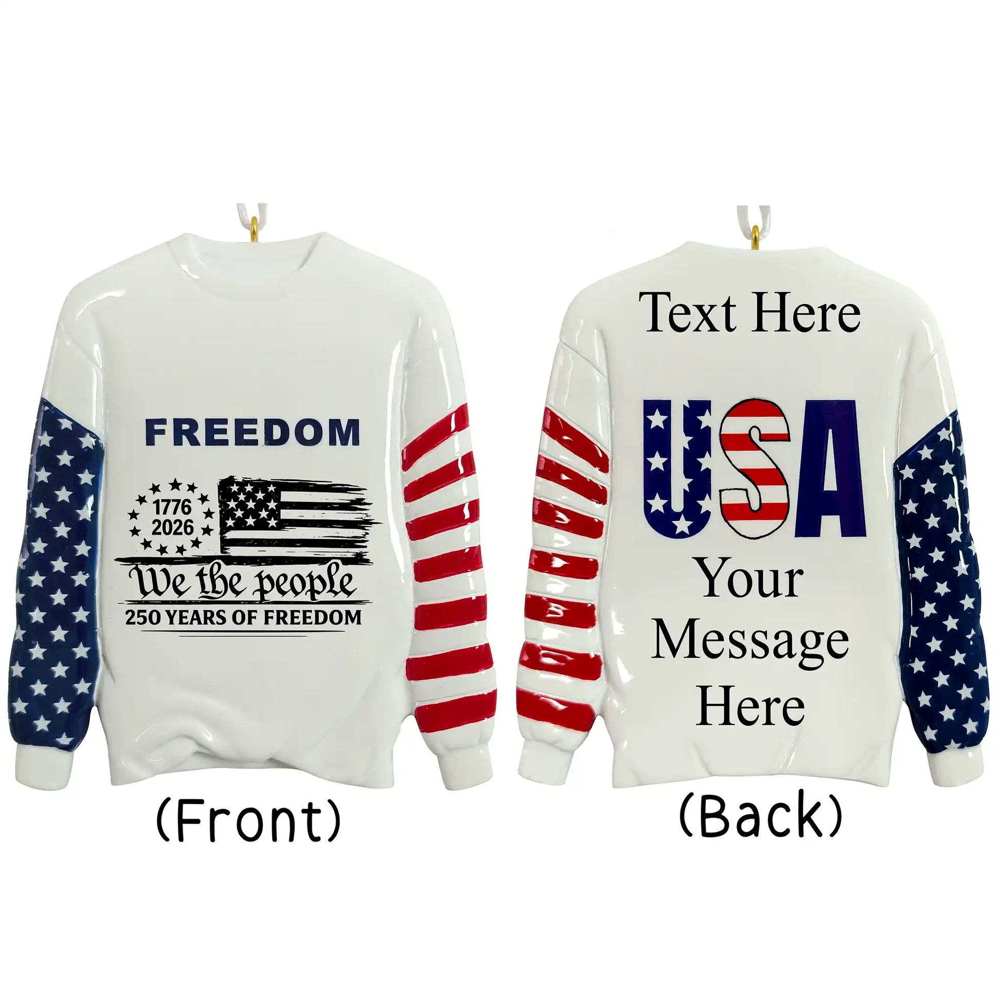White sweatshirt with American flag design on front and back, customizable text.