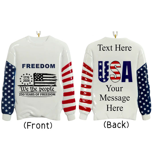 White sweatshirt with American flag design on front and back, customizable text.
