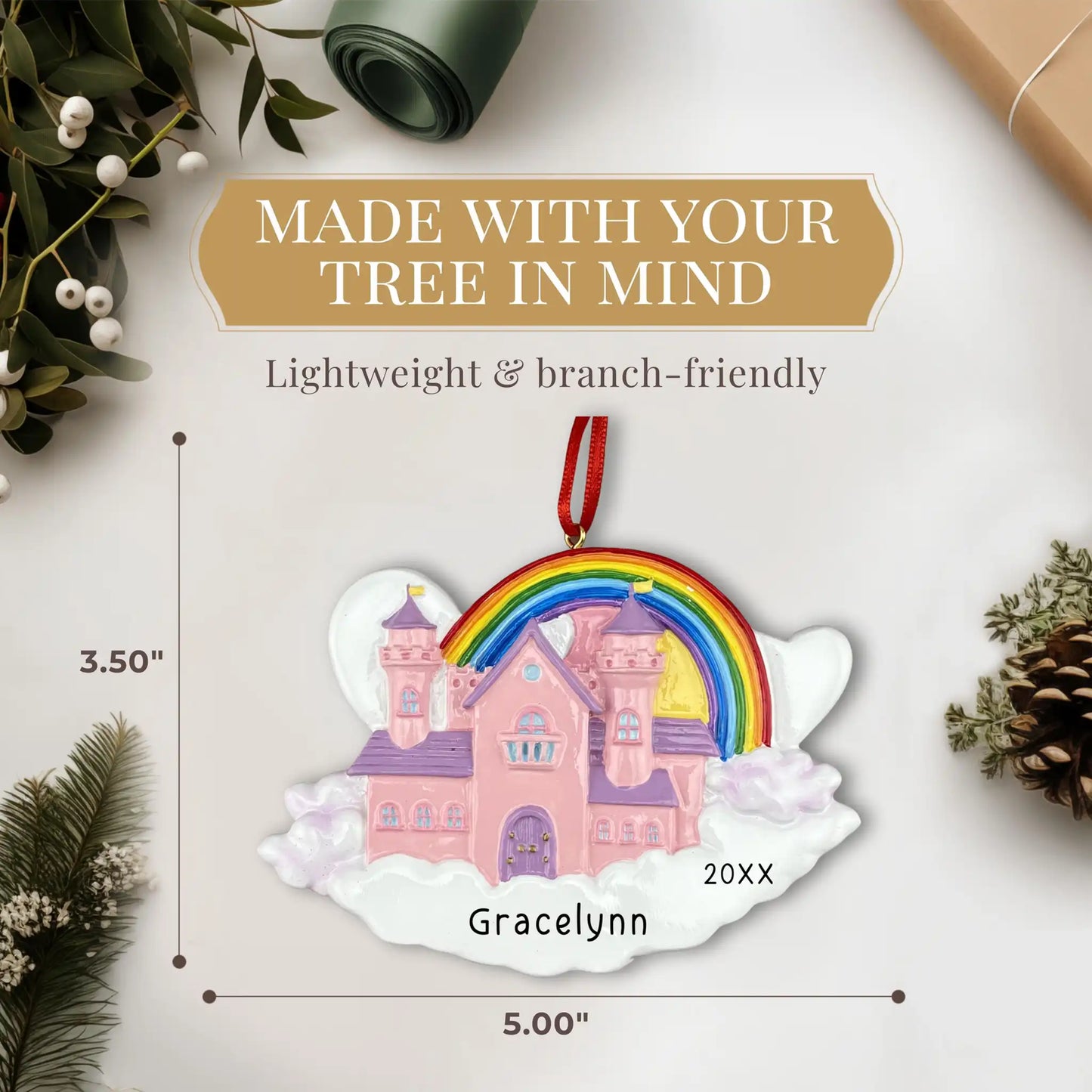 Princess Rainbow Castle Personalized Ornament