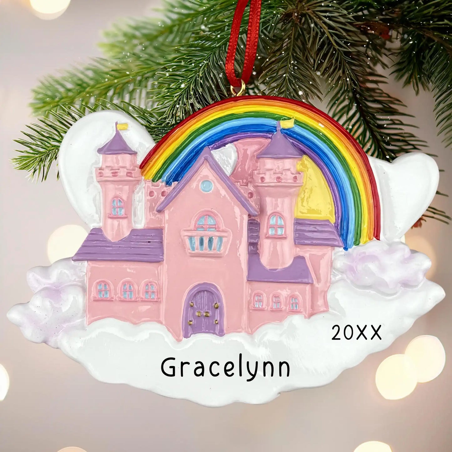 Princess Rainbow Castle Personalized Ornament