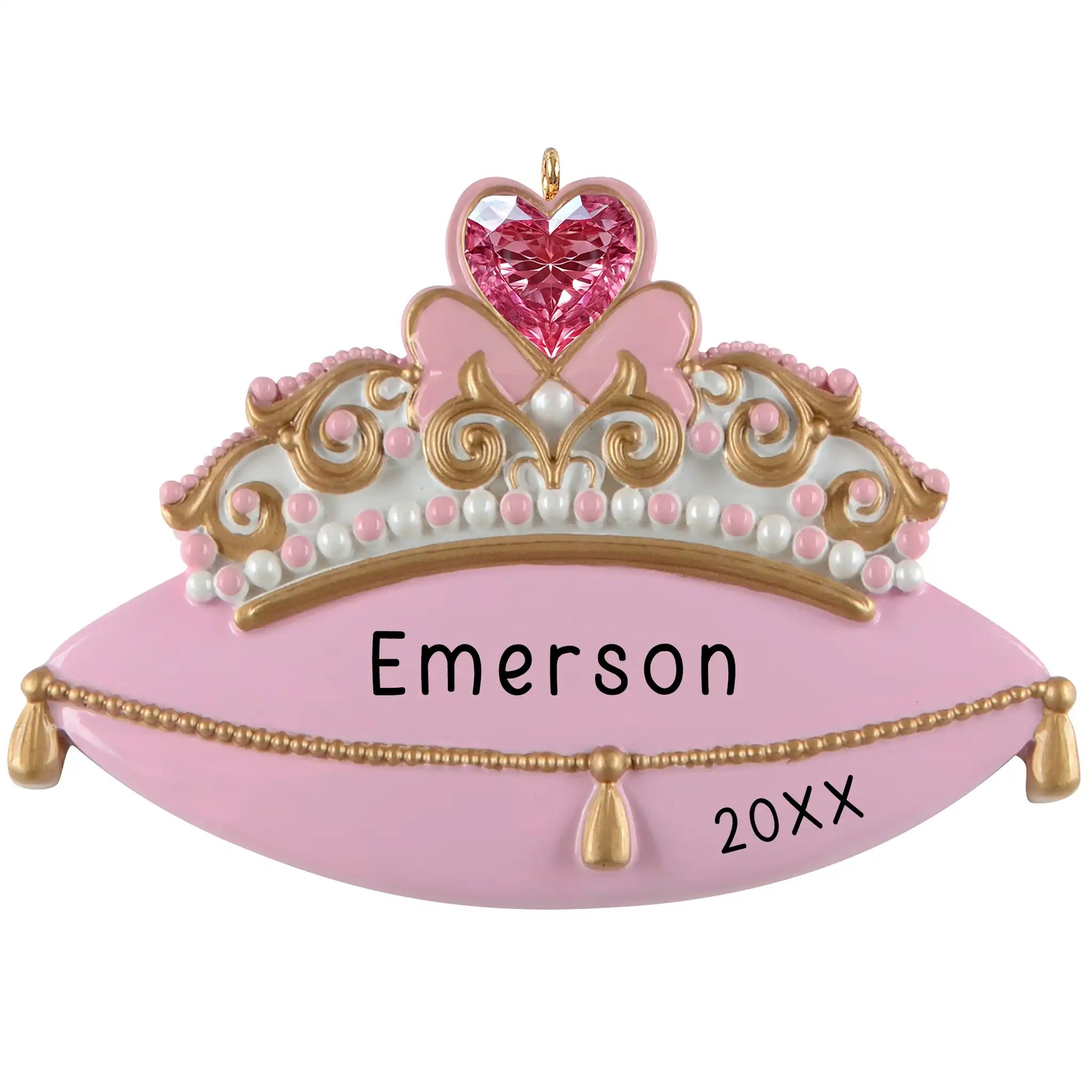 Personalized princess tiara ornament with jeweled heart, gold crown, and pink pillow with custom name and year