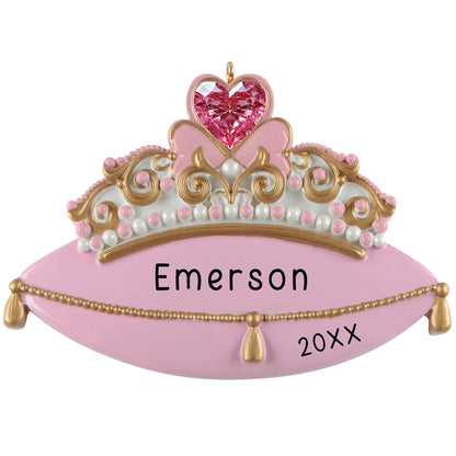 Personalized princess tiara ornament with jeweled heart, gold crown, and pink pillow with custom name and year