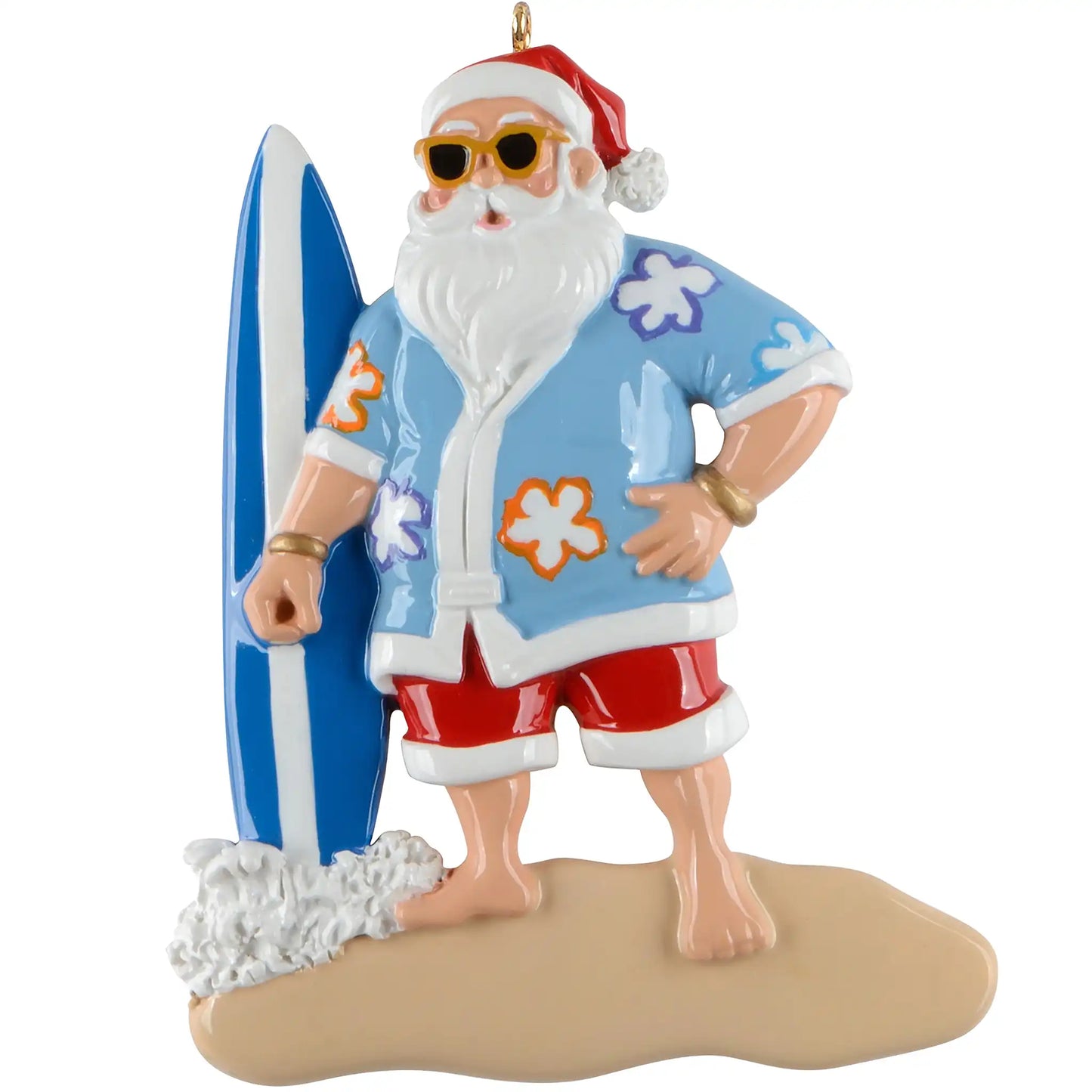 Custom surfing Santa Christmas ornament with laser engraved name and year, gold hanging loop included