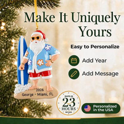 Make it yours: add year and message to the personalized surfing Santa christmas ornament