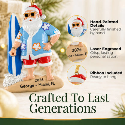 Hand-painted details and laser engraved personalization on the surfing Santa christmas ornament, ribbon included