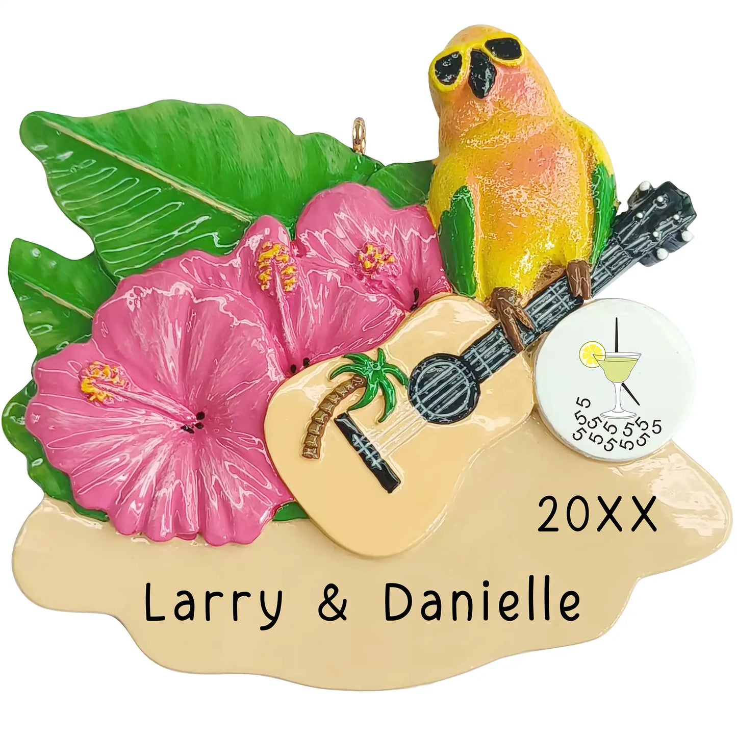 Decorative ornament with a parrot, guitar, and pink flowers on a white background. The ornament includes customizable text for names and a year.